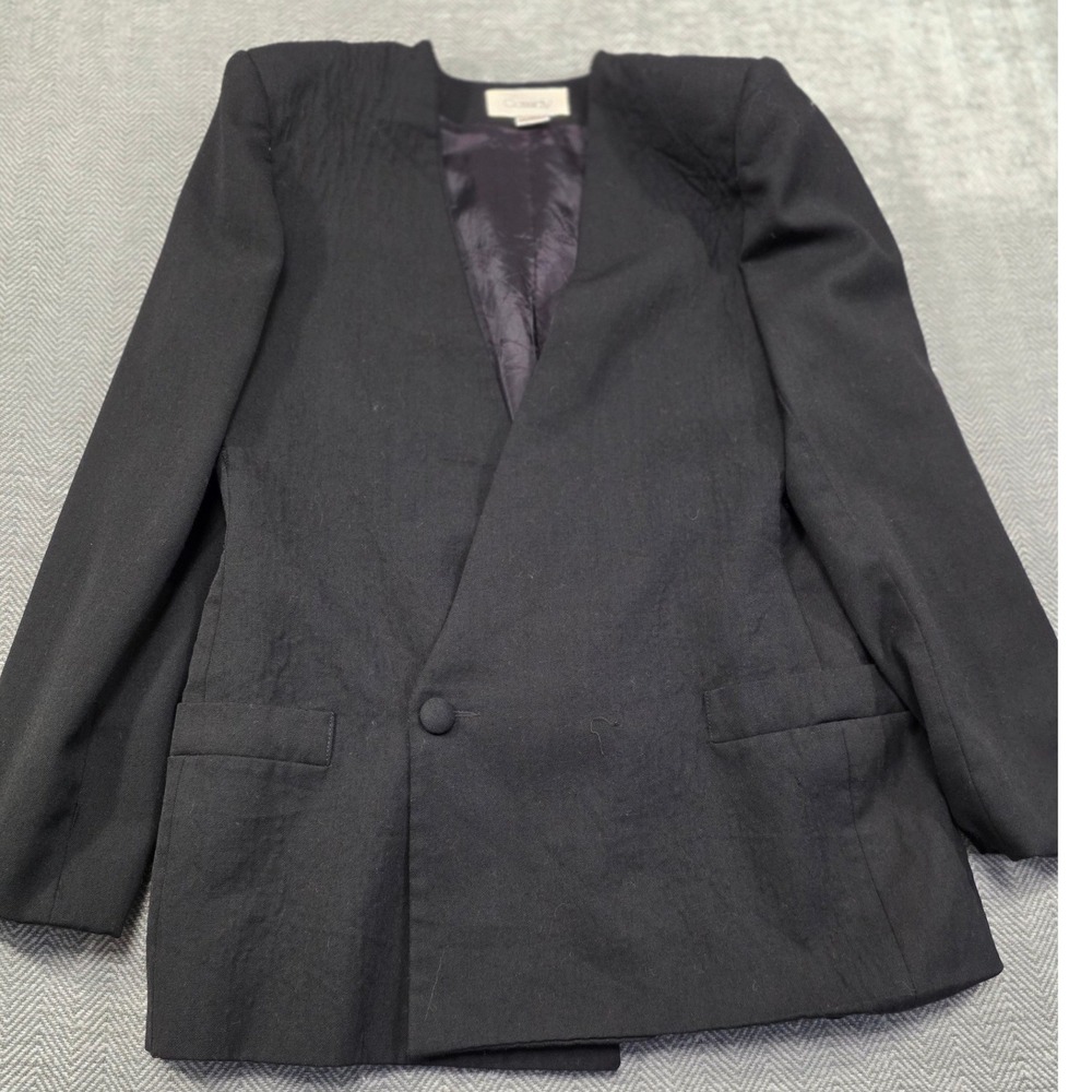 Cassidy Vintage 100% Wool Blazer Black Collarless Single Button Made in USA 10‎